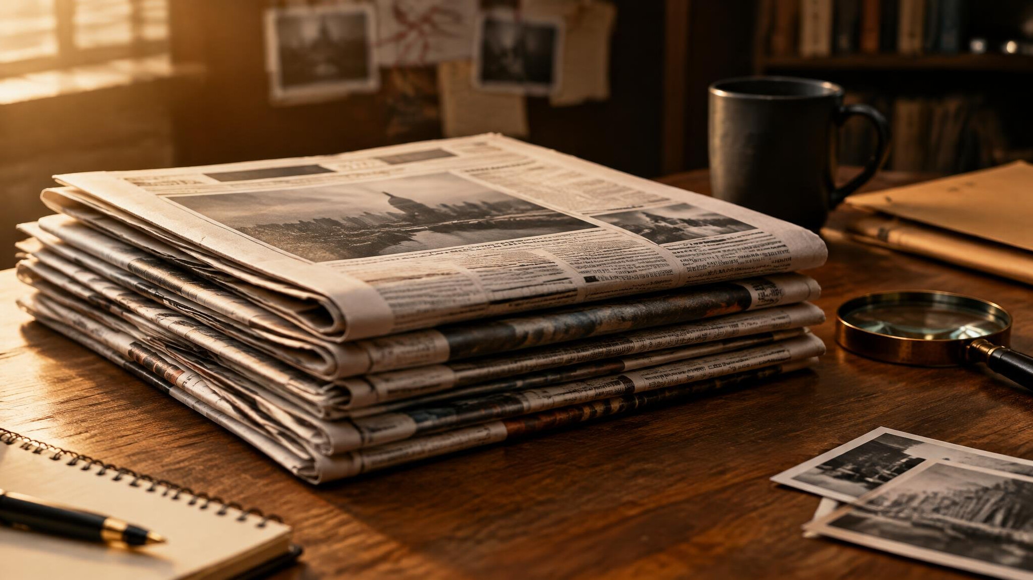 Stack of folded newspapers on a table