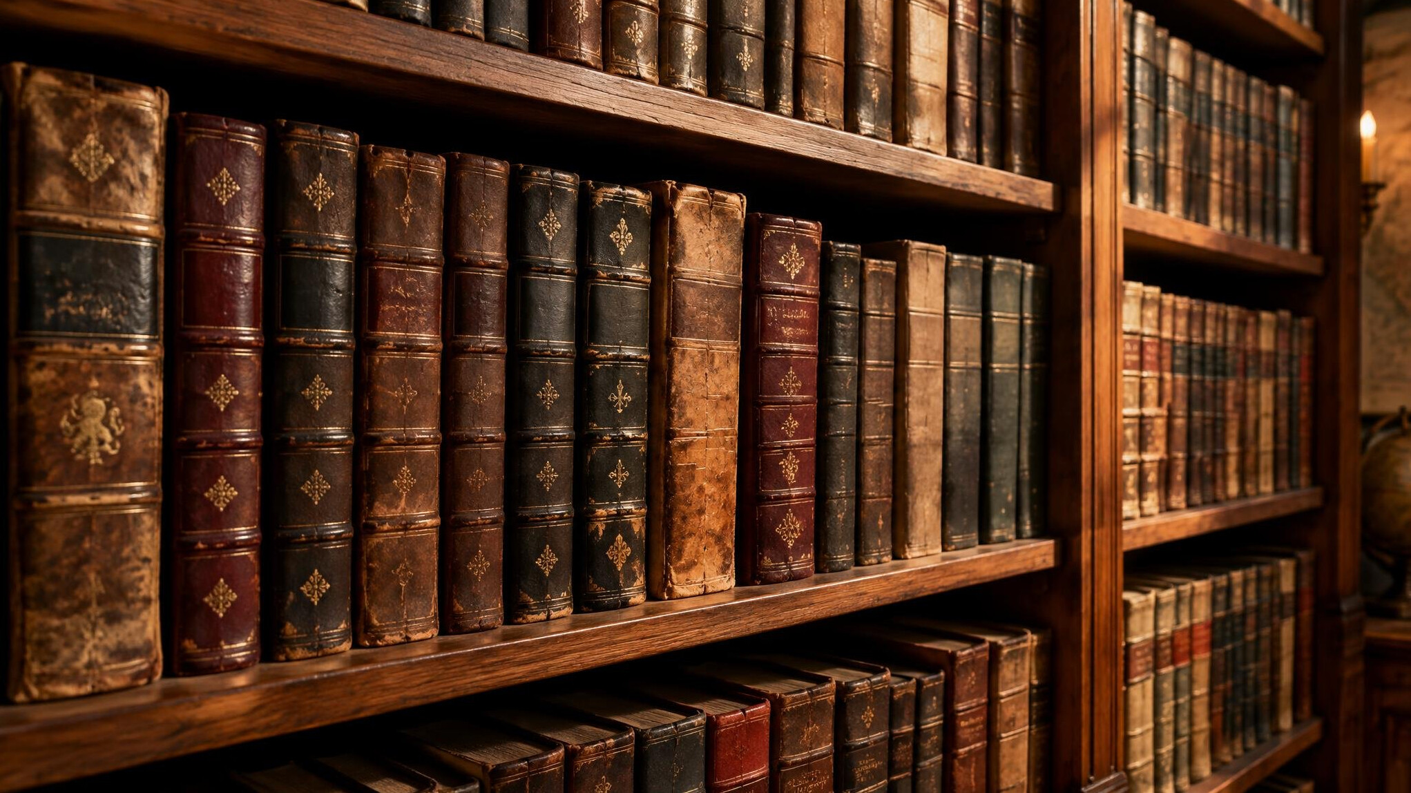 Rows of old hardcover books on a shelf