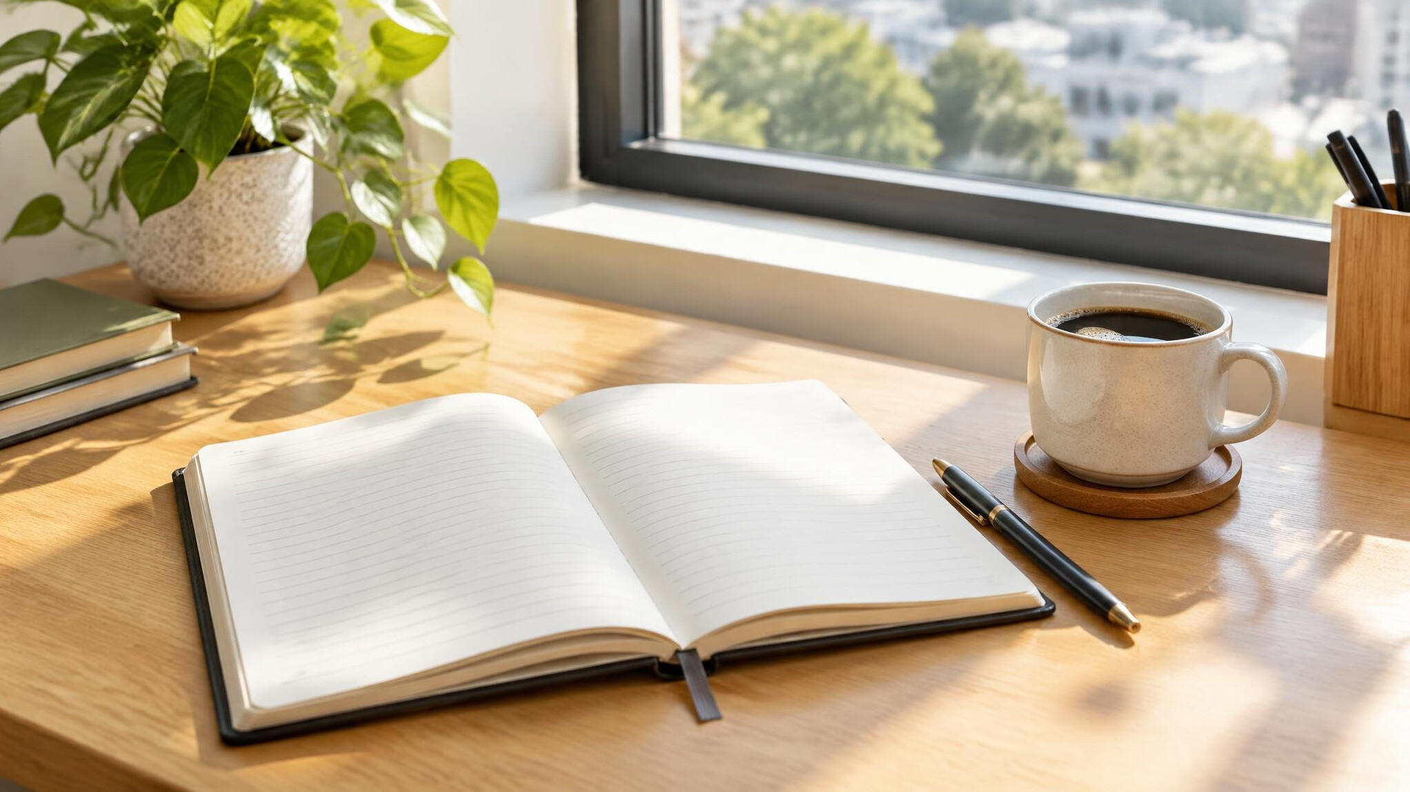 Bright desk with a notebook and a cup of coffee