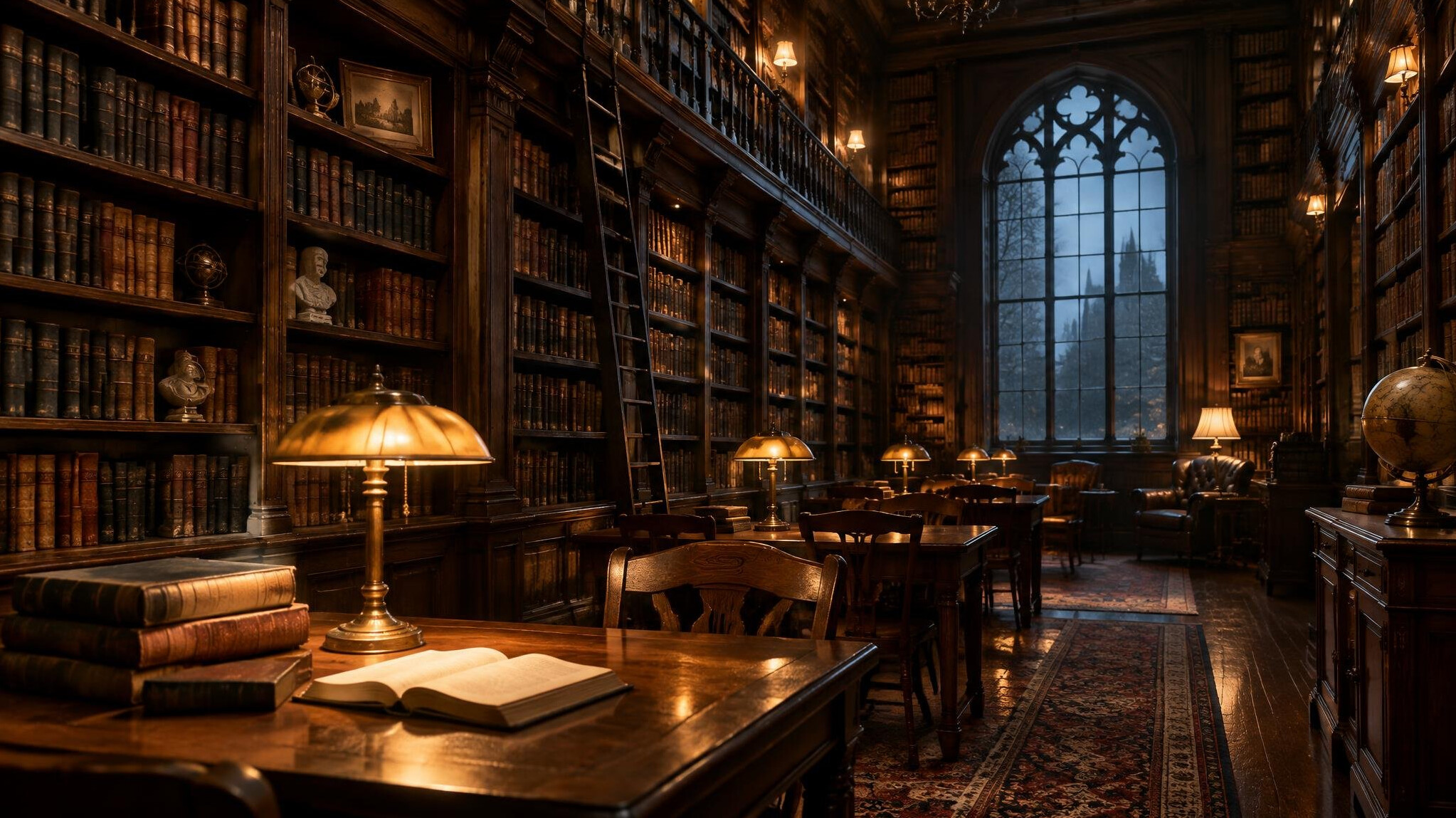 Tall library shelves full of old books
