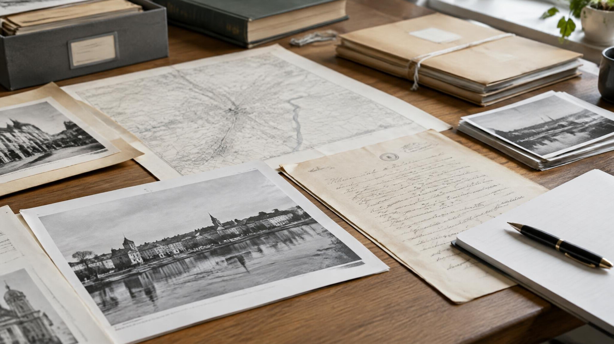Documents and papers spread on a desk with a pen