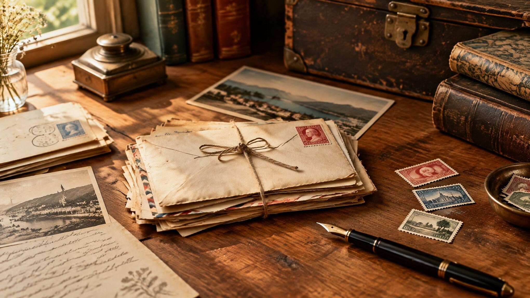 Vintage typewriter, letters and stationery on a desk